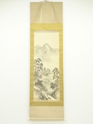 靱生筆　彩色山水　肉筆絹本掛軸